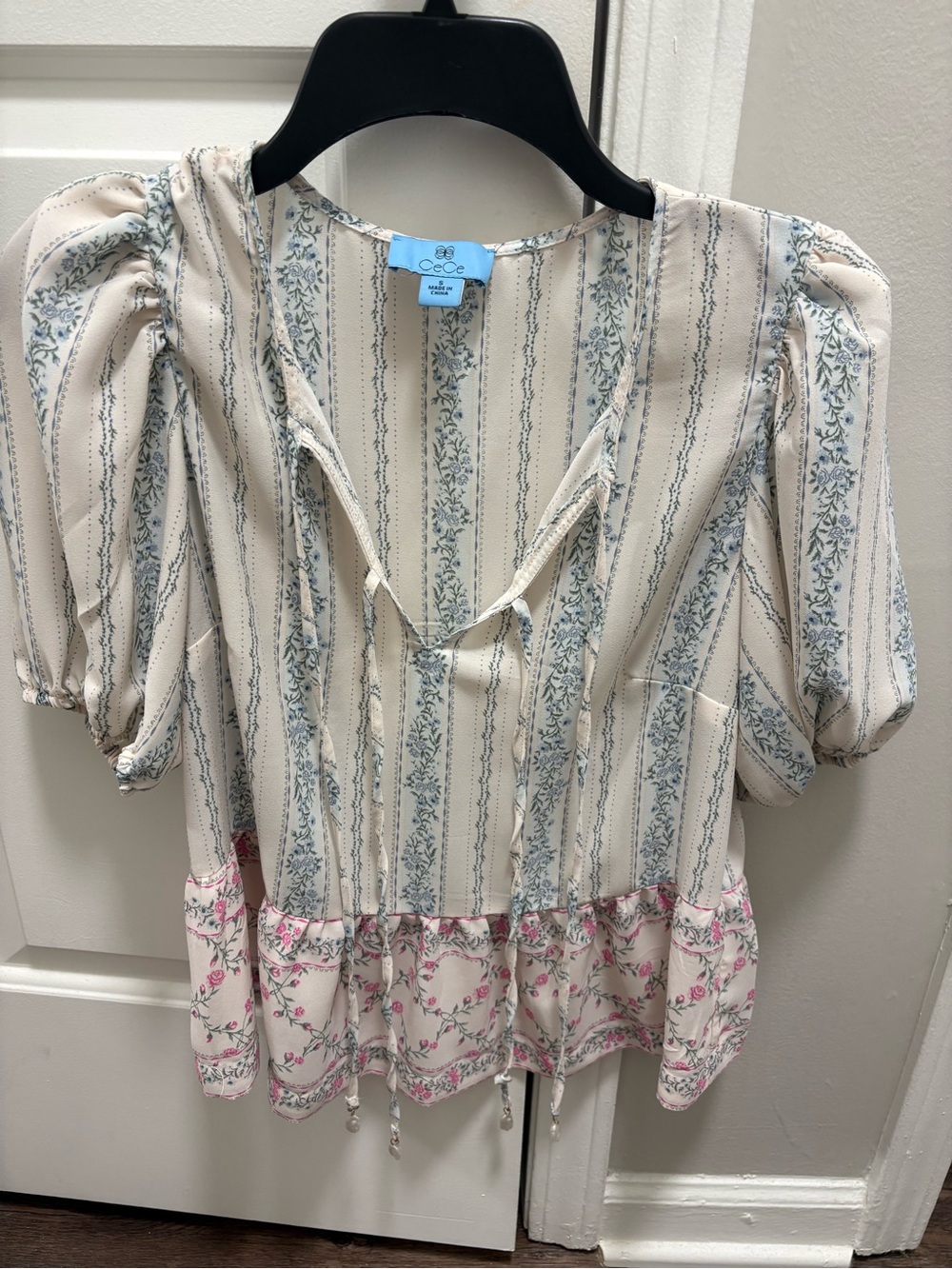CeCe Cream Blouse with Blue Stripe and Pink Floral Hem